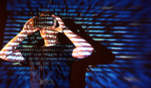 double exposure caucasian man virtual reality vr headset is presumably gamer hacker cracking code into secure network server with lines code - Inicio 2